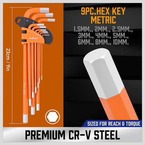 Hex key & wrench set long 9 piece - Metric